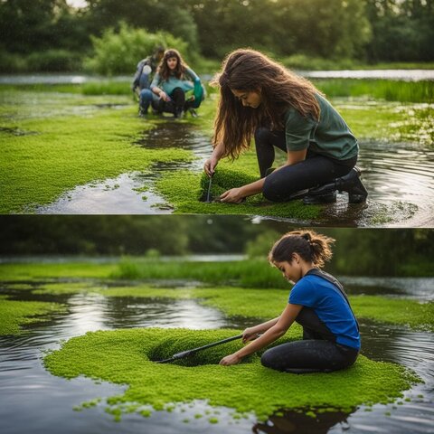 A person in rain boots clearing duckweed from a pond.