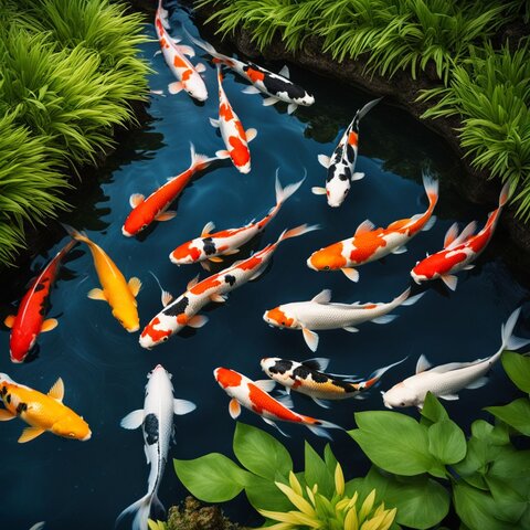 A school of colorful koi swimming among lush aquatic plants.