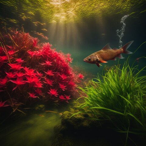 A vibrant pond filled with red Ludwigia, Eelgrass, and aquatic life.