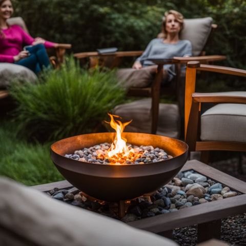 A DIY tabletop fire pit with planter, rocks, torch fluid, and gel fuel.