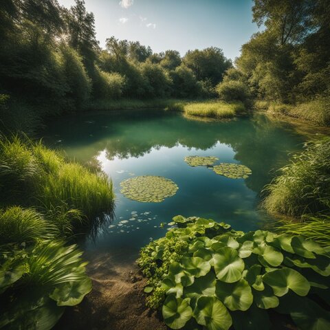 A natural swimming pond with aquatic plants and a gravel filter bed.
