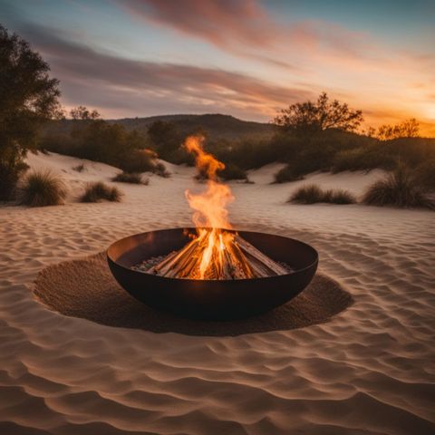 A fire pit surrounded by sand and soil, with a bustling atmosphere.