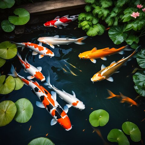 Colorful Koi swimming in backyard pond surrounded by lush greenery.