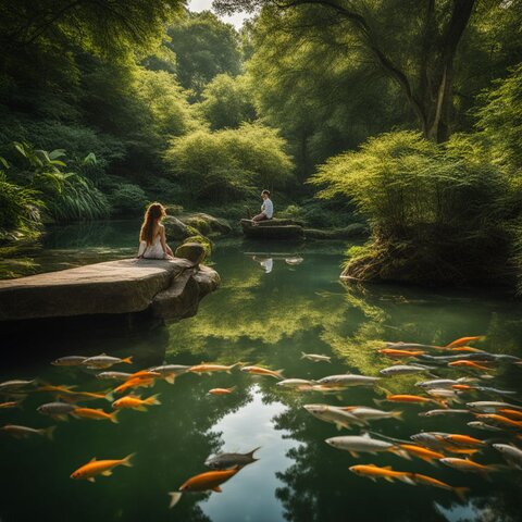 A tranquil pond with diverse fish species and lush greenery.