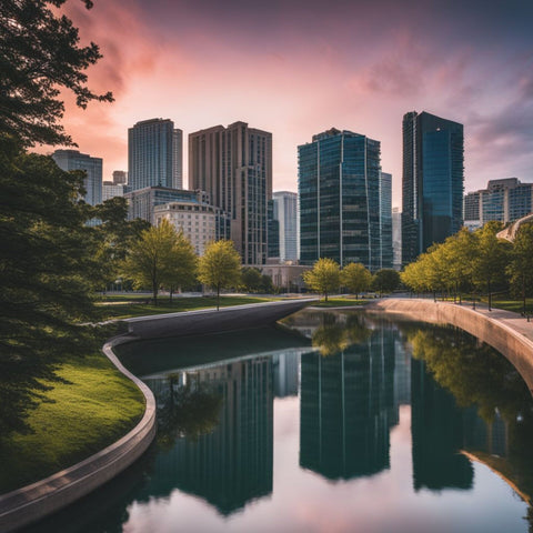 A retention pond surrounded by urban buildings and drainage infrastructure.