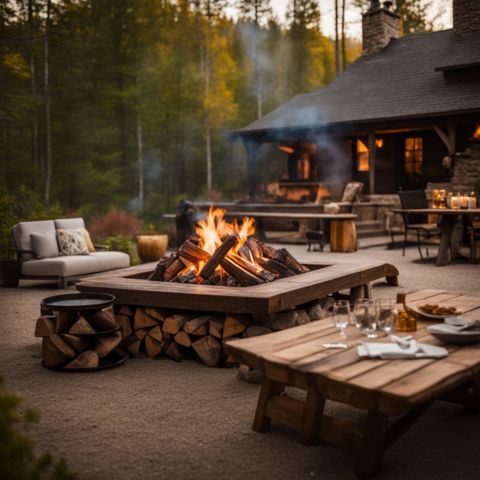 A neatly stacked firewood by a cozy fire pit in a rustic backyard setting.