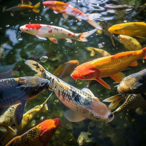 Colorful fish swimming in a well-stocked and thriving pond.