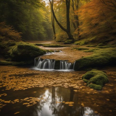 A murky pond covered in thick algae and surrounded by dead leaves.