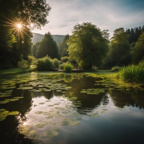 A serene pond with a bubbling aeration system amidst lush greenery.