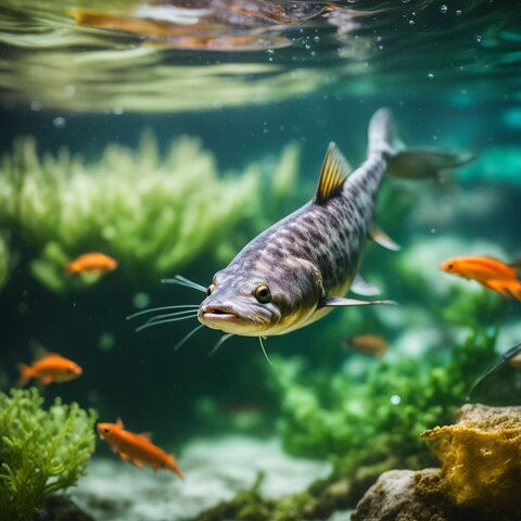 A catfish swimming among various food sources in different water temperatures.