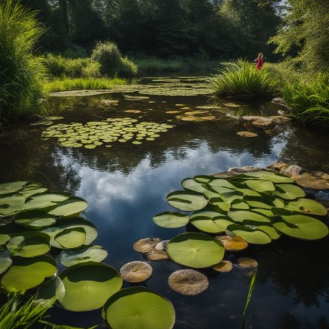 A peaceful pond with healthy aquatic plants in natural surroundings.