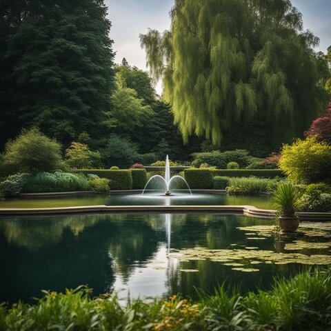 A picturesque pond with a fountain, surrounded by diverse people and greenery.