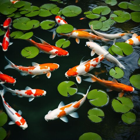 A school of Koi fish swimming in a well-maintained pond.