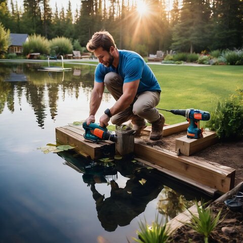 A person building a pond dock in a lush backyard using power tools.