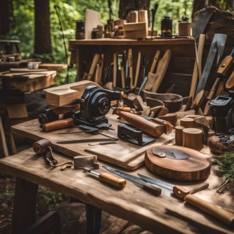 A well-equipped outdoor woodworking workshop with various tools and materials.
