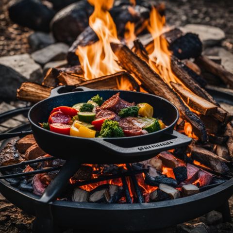 A cast iron skillet sizzles with vegetables and meats over a fire.