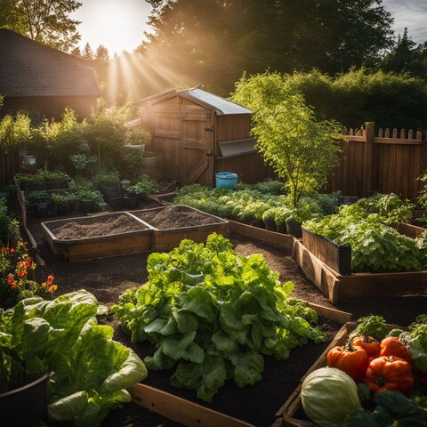A vibrant backyard vegetable garden and compost area.