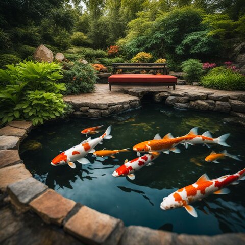 A serene Koi pond surrounded by lush landscaping and varied people.
