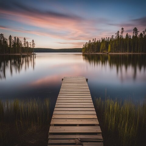 A scenic photo of dock planks on a peaceful lake.