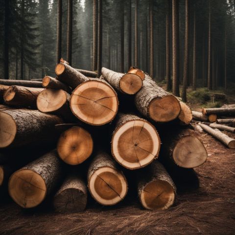A stack of hardwood logs in a forest clearing, with a natural, well-lit atmosphere.