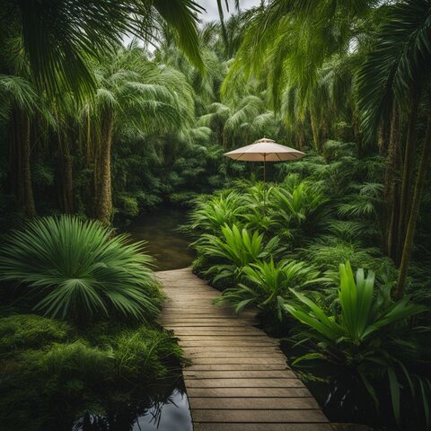 A photo of an Umbrella Palm in a pond garden surrounded by lush greenery.