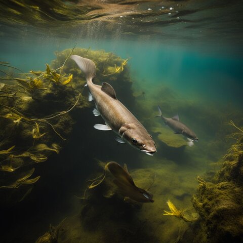 A catfish swimming in a murky river, captured in stunning detail.