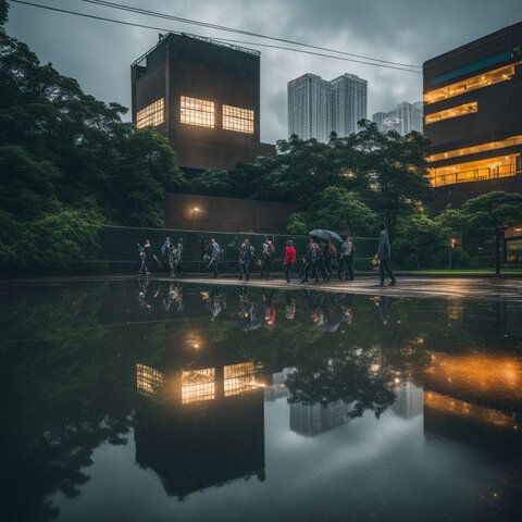 A detention pond in urban area during heavy rain.