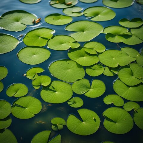 A close-up shot of duckweed covering the surface of a calm pond.