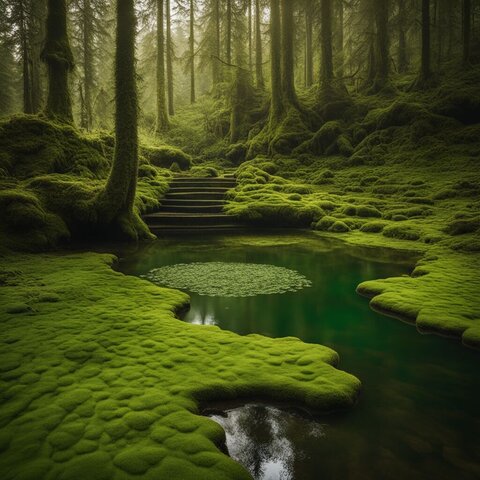 A serene pond surrounded by vibrant green moss and lush greenery.