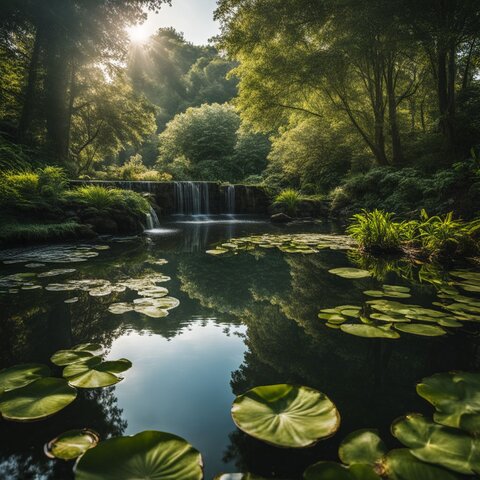 A tranquil pond surrounded by lush vegetation and aeration system.