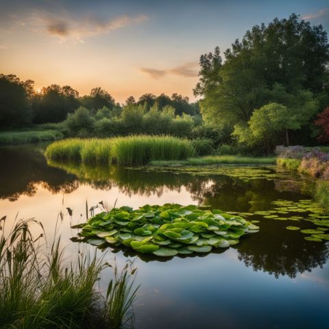 A serene pond with lush greenery water lilies.