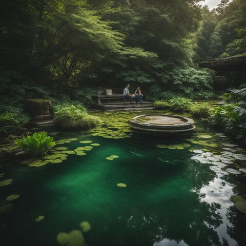 A tranquil pond surrounded by diverse people in various outfits.