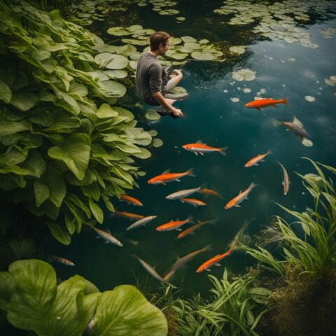 A vibrant pond filled with thriving fish and surrounded by lush greenery.