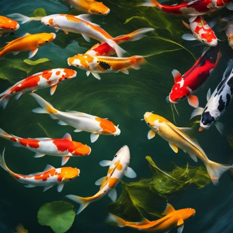 A school of colorful koi fish swimming in a clear pond.