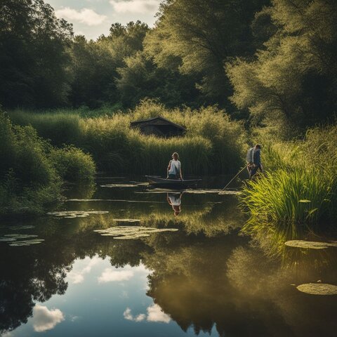 An neglected pond surrounded by overgrown vegetation in a bustling atmosphere.