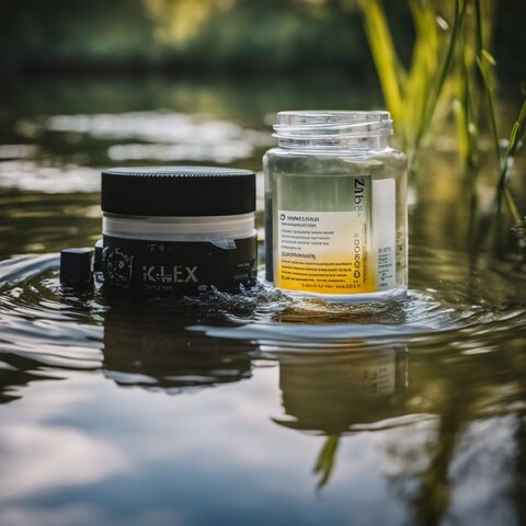 A pH testing kit floating in pond water with natural surroundings.