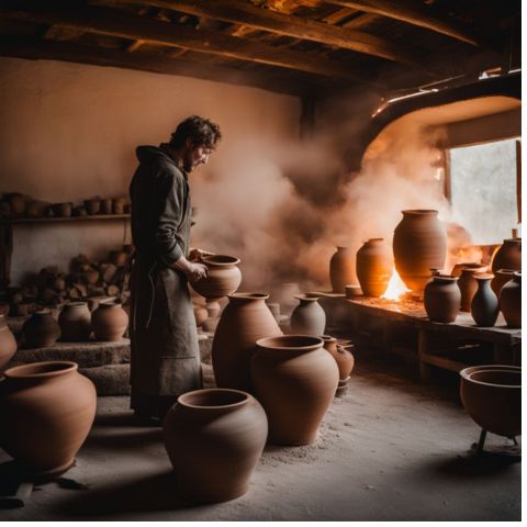 A ceramic studio with kiln firing clay pots in a bustling atmosphere.