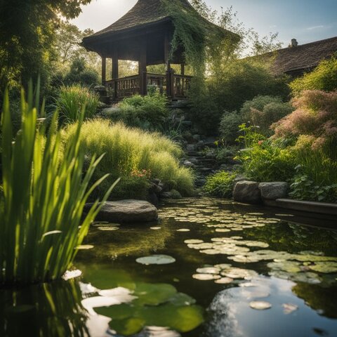A serene garden pond with aquatic plants, fish, and diverse people.