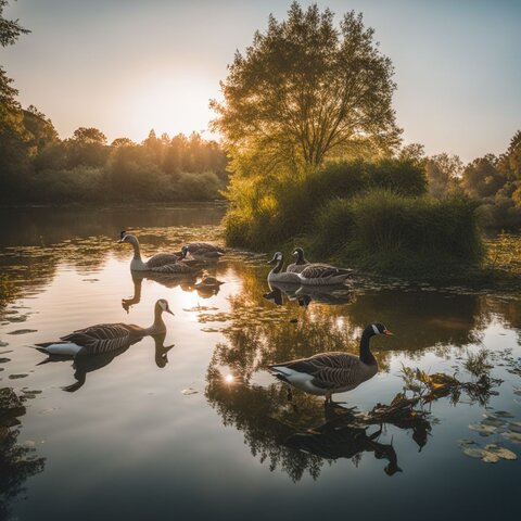 A chaotic scene of geese causing havoc at a serene pond.