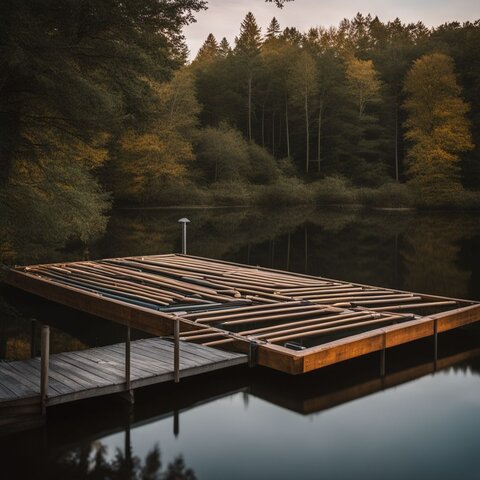 A floating dock with PVC pipes surrounded by a serene pond.