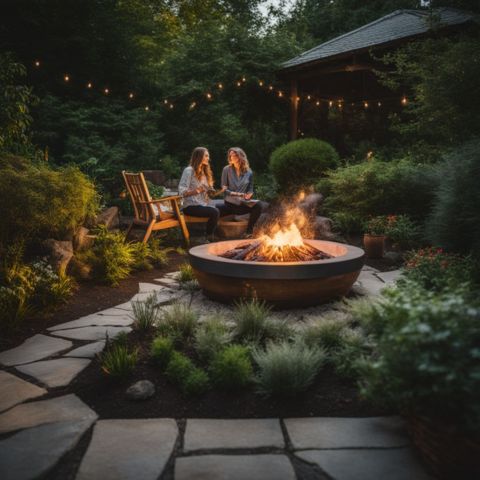 A garden with scattered fire pit ashes surrounded by plants.