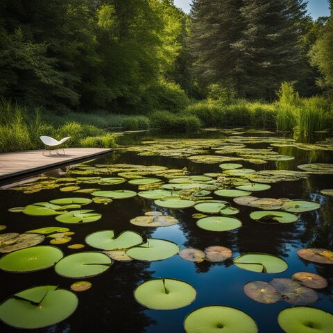 A pond with lily pads being treated with herbicides in nature.