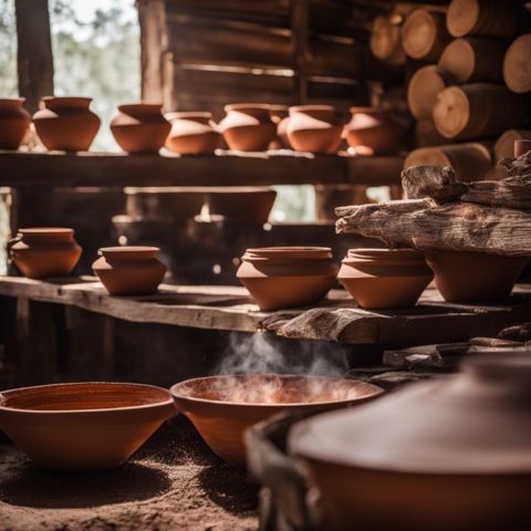 Clay pots being fired in a DIY kiln surrounded by natural materials.