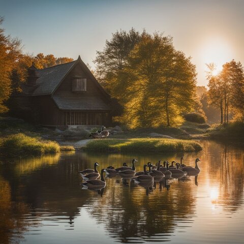 A flock of Canada Geese swimming and feeding in a pond.