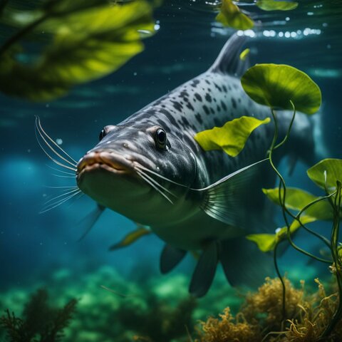 A catfish swimming in a diverse underwater habitat with vibrant vegetation.