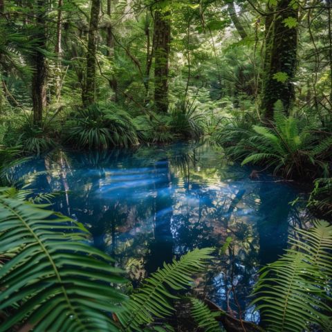 A serene pond with vibrant blue dye surrounded by lush greenery.