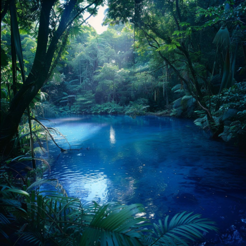 A serene pond with vibrant blue dye surrounded by lush greenery.
