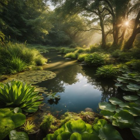 A lush natural pond surrounded by diverse flora in a bustling atmosphere.