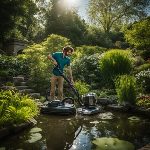 A pond vacuum in a lush water garden with natural surroundings.