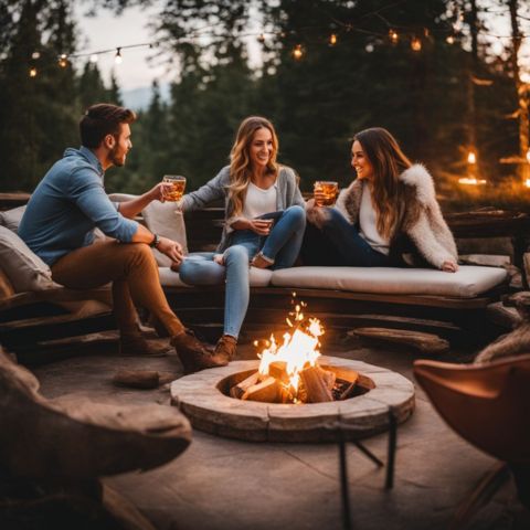 A tabletop fire pit with outdoor seating and different faces.